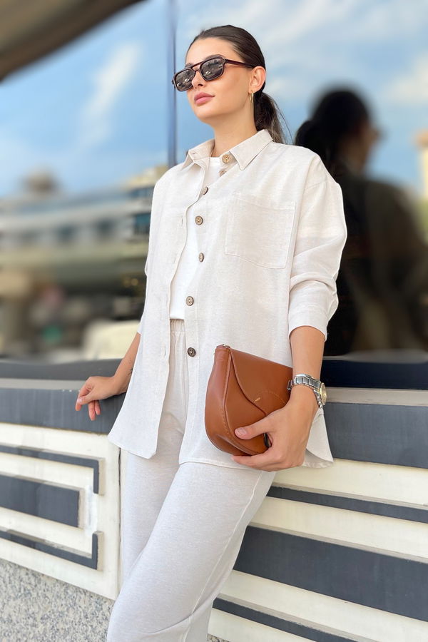 Düz Gömlek Yaka Kadın Ekru Tunik+Pantolon - 11688