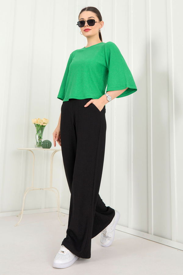Düz Bisiklet Yaka Kadın Yeşil Bluz+Pantolon - 22340