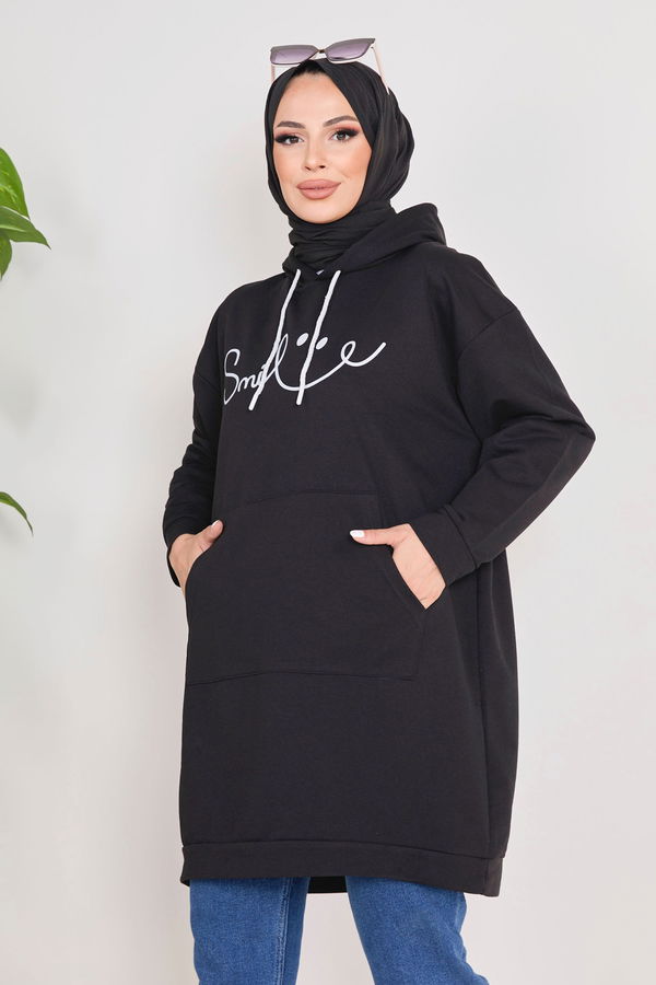 Düz Kapşonlu Yaka Kadın Siyah Kapşonlu Sweat - 23010