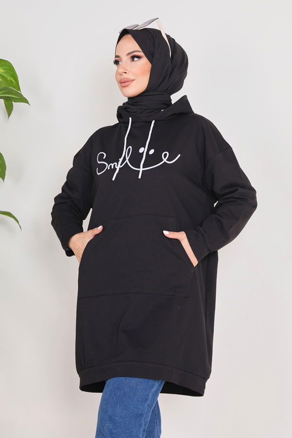 Düz Kapşonlu Yaka Kadın Siyah Kapşonlu Sweat - 23010