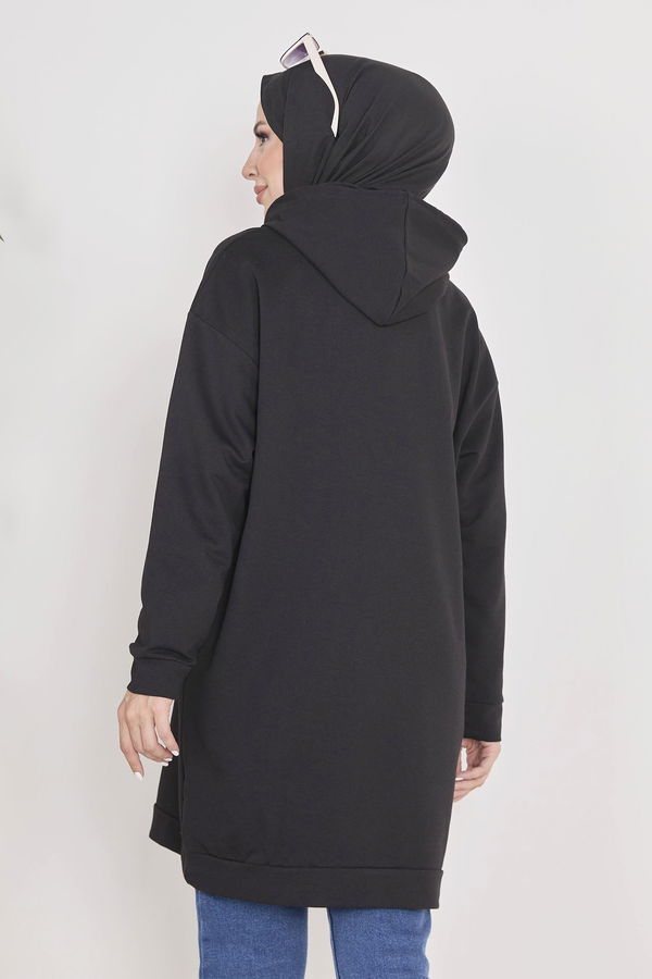 Düz Kapşonlu Yaka Kadın Siyah Kapşonlu Sweat - 23010