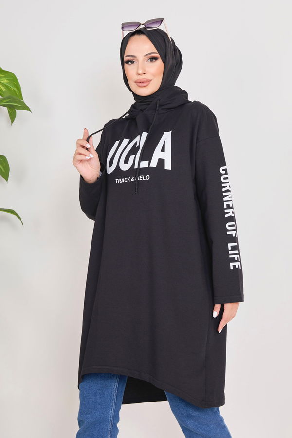 Düz Kapşonlu Yaka Kadın Siyah Kapşonlu Sweat - 23016