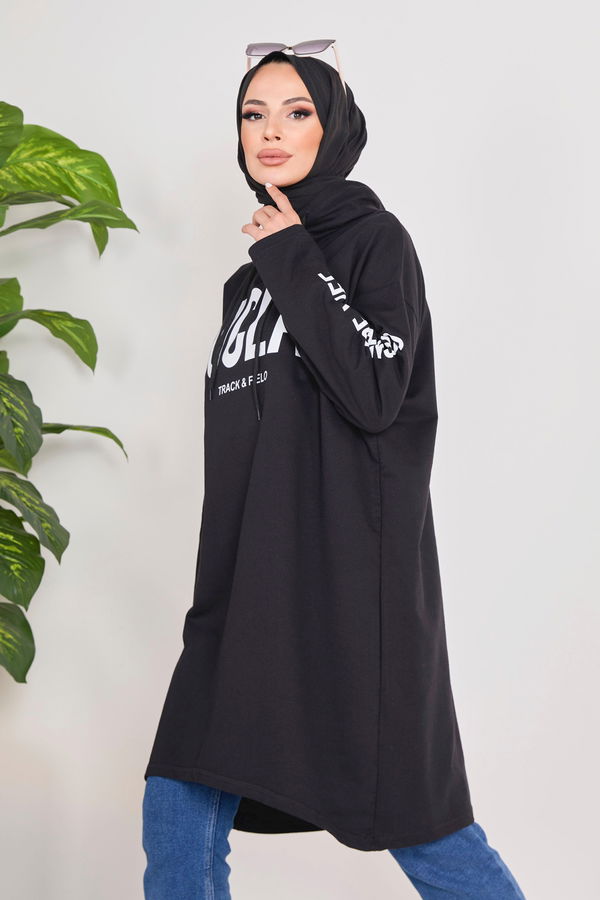 Düz Kapşonlu Yaka Kadın Siyah Kapşonlu Sweat - 23016