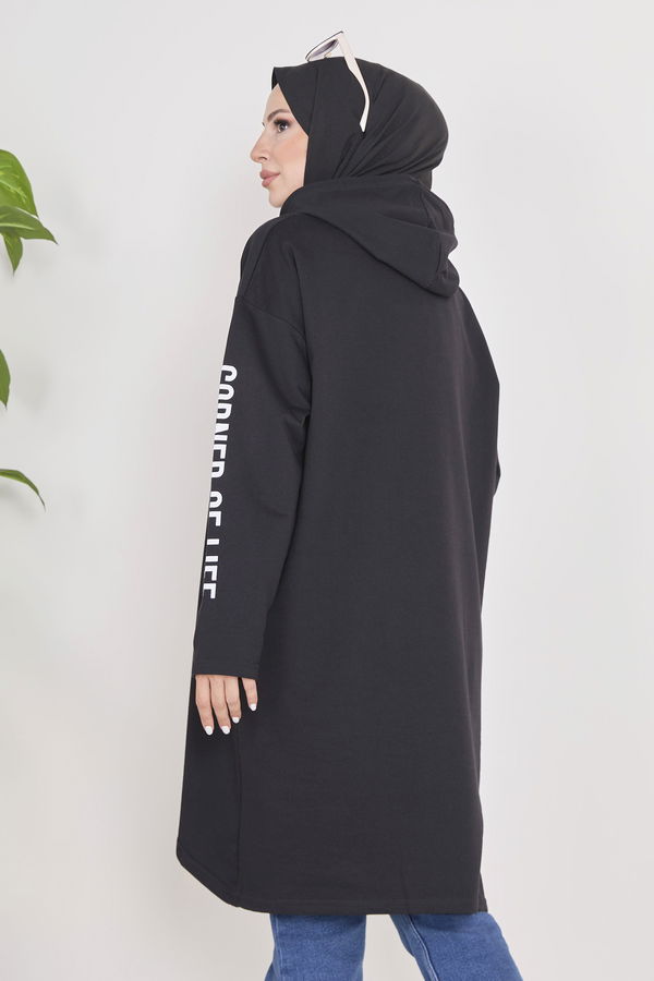 Düz Kapşonlu Yaka Kadın Siyah Kapşonlu Sweat - 23016