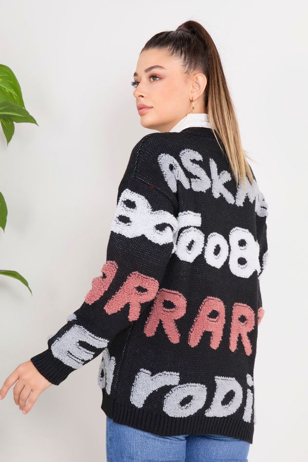Düz Ceket Yaka Kadın Siyah Triko Hırka - 23098