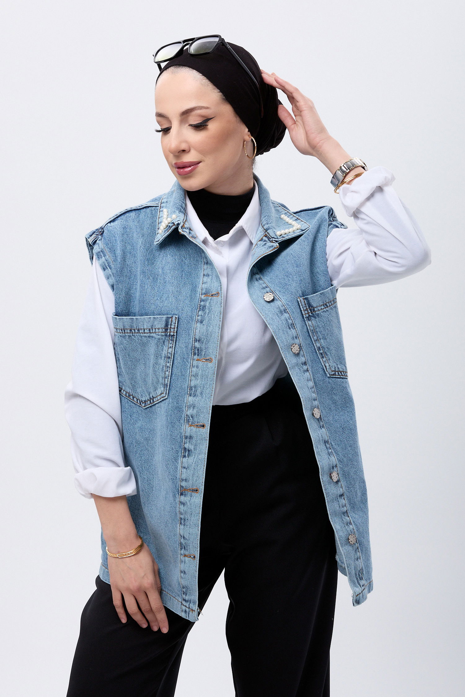 Düz Gömlek Yaka Kadın Mavi Kot Yelek - 23621