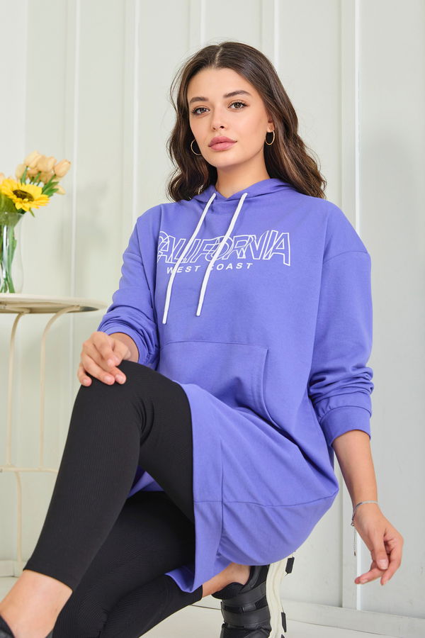 Düz Kapşonlu Yaka Kadın Lila Kapşonlu Sweat - 23008