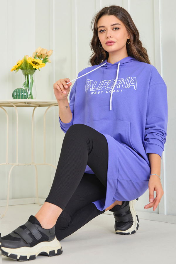 Düz Kapşonlu Yaka Kadın Lila Kapşonlu Sweat - 23008