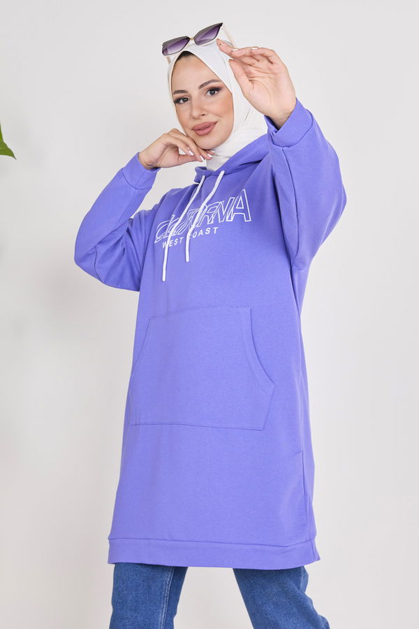 Düz Kapşonlu Yaka Kadın Lila Kapşonlu Sweat - 23008