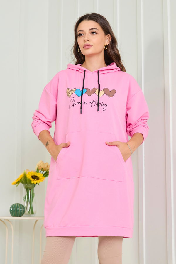 Düz Kapşonlu Yaka Kadın Pembe Kapşonlu Sweat - 23009