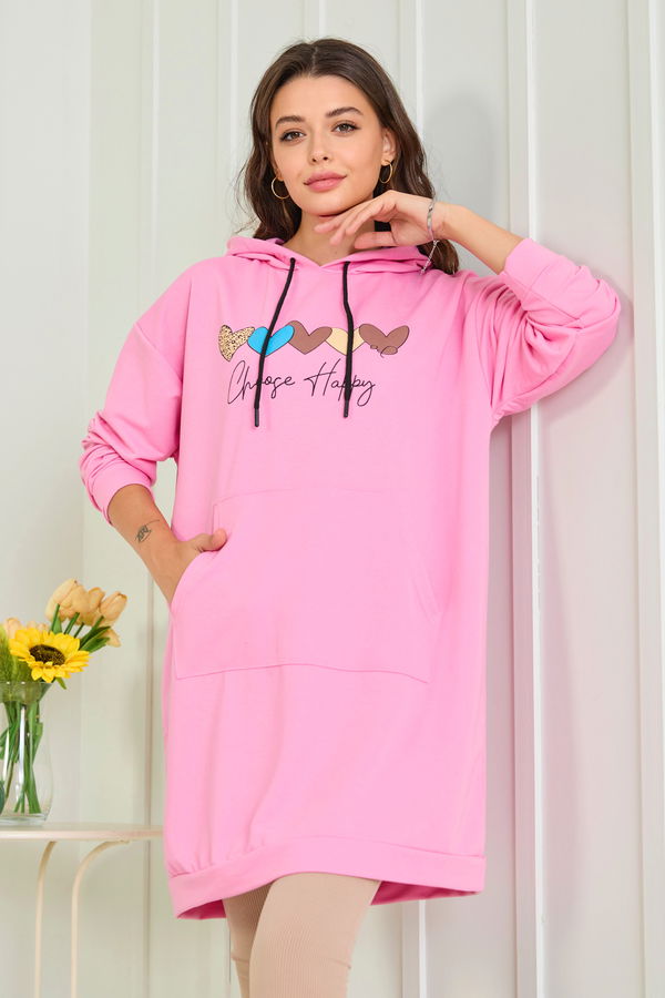 Düz Kapşonlu Yaka Kadın Pembe Kapşonlu Sweat - 23009