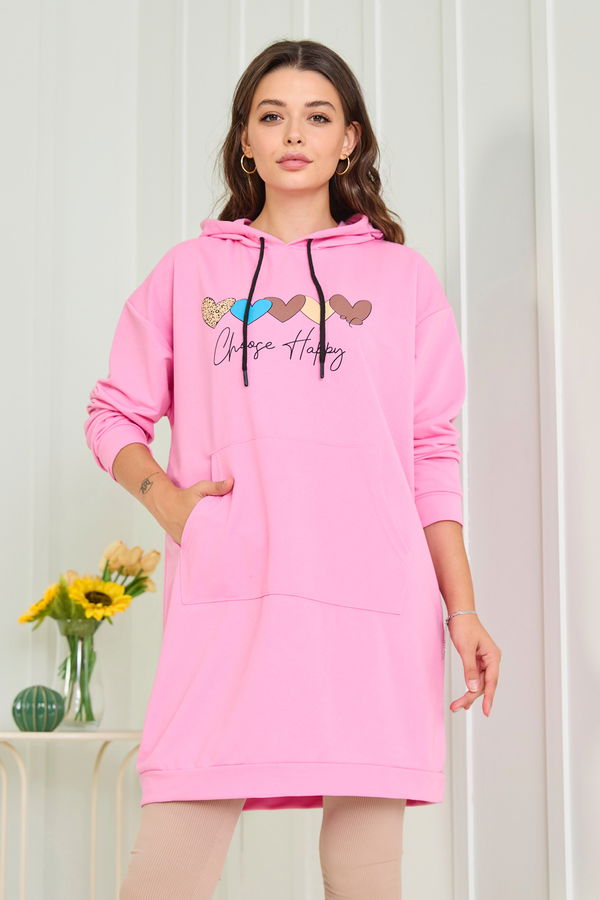 Düz Kapşonlu Yaka Kadın Pembe Kapşonlu Sweat - 23009
