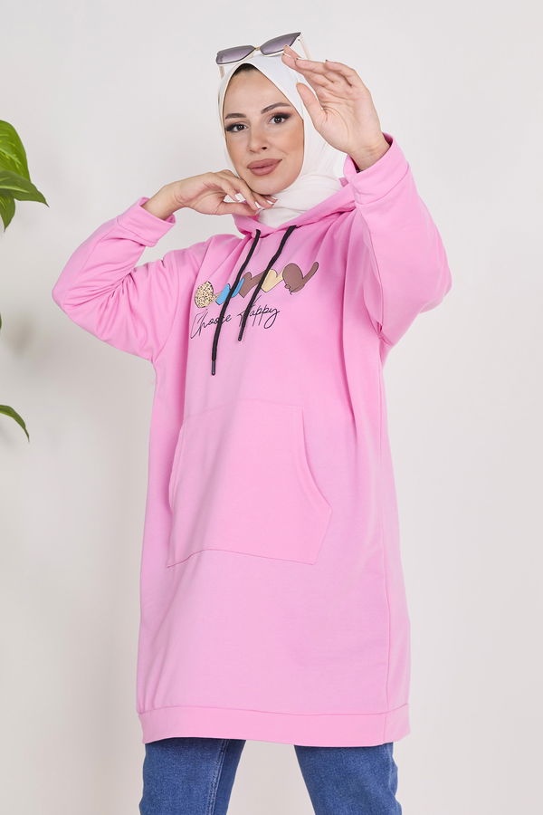 Düz Kapşonlu Yaka Kadın Pembe Kapşonlu Sweat - 23009