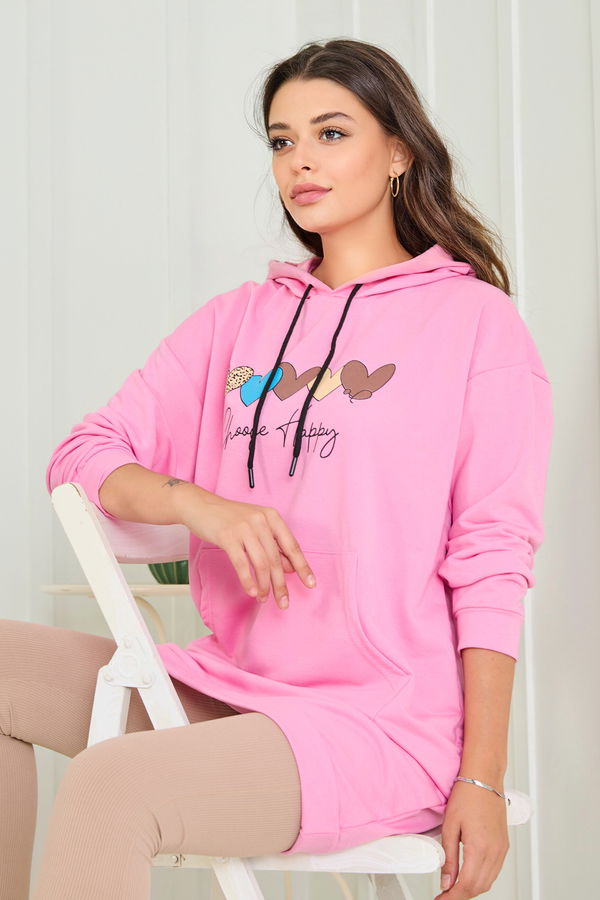Düz Kapşonlu Yaka Kadın Pembe Kapşonlu Sweat - 23009