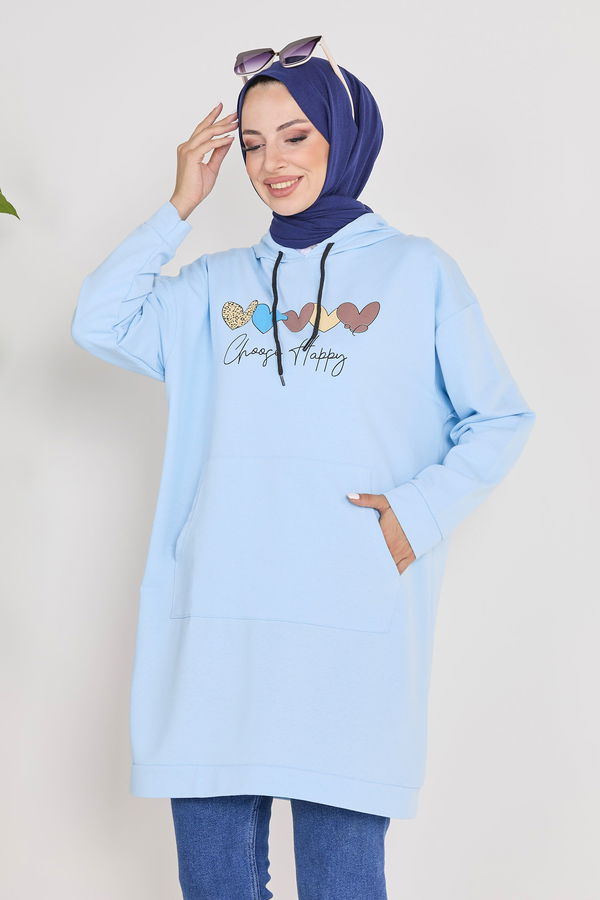 Düz Kapşonlu Yaka Kadın Mavi Kapşonlu Sweat - 23009