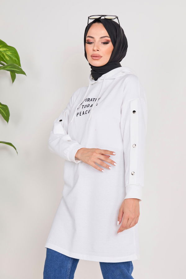 Düz Kapşonlu Yaka Kadın Beyaz Kapşonlu Sweat - 23019