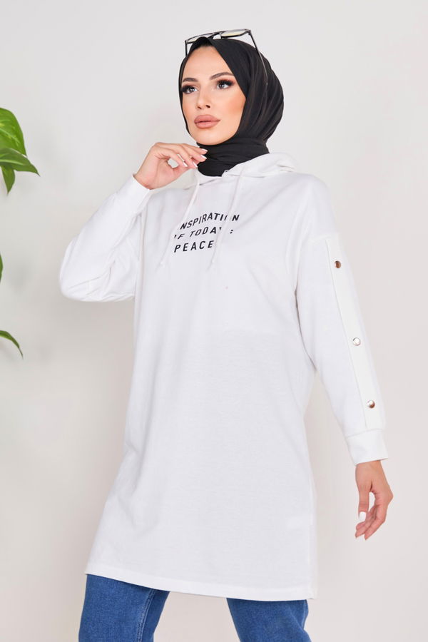 Düz Kapşonlu Yaka Kadın Beyaz Kapşonlu Sweat - 23019