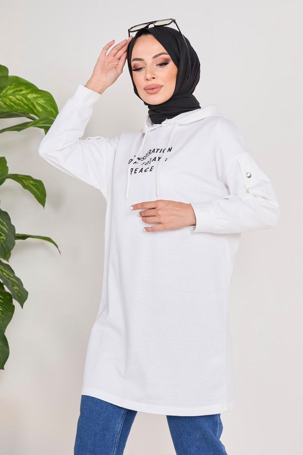 Düz Kapşonlu Yaka Kadın Beyaz Kapşonlu Sweat - 23019