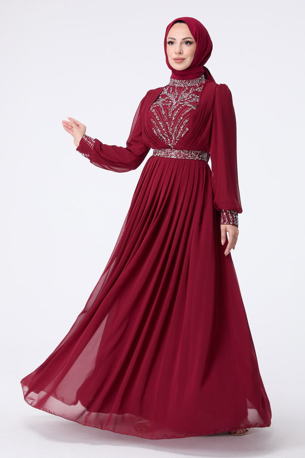 Düz Hakim Yaka Kadın Bordo Abiye Elbise - 23430