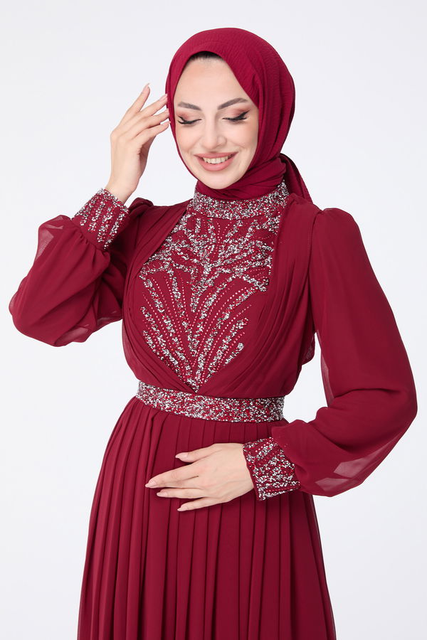 Düz Hakim Yaka Kadın Bordo Abiye Elbise - 23430