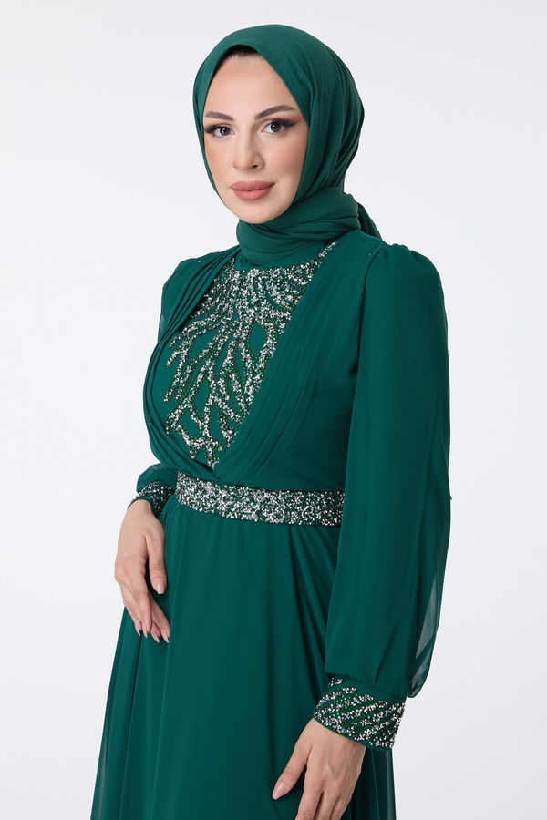 Düz Hakim Yaka Kadın Yeşil Abiye Elbise - 23431 YEŞİL