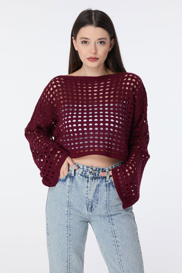 Düz Bisiklet Yaka Kadın Bordo Triko Kazak - 23594 BORDO