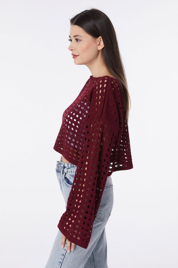 Düz Bisiklet Yaka Kadın Bordo Triko Kazak - 23594 BORDO
