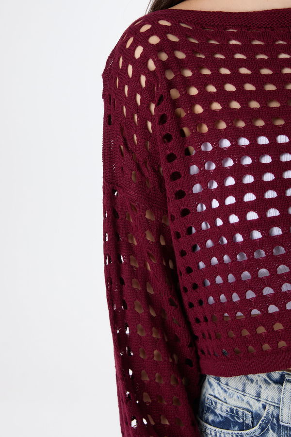 Düz Bisiklet Yaka Kadın Bordo Triko Kazak - 23594 BORDO