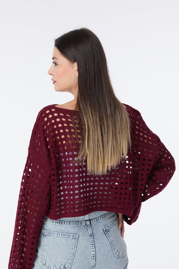 Düz Bisiklet Yaka Kadın Bordo Triko Kazak - 23594 BORDO