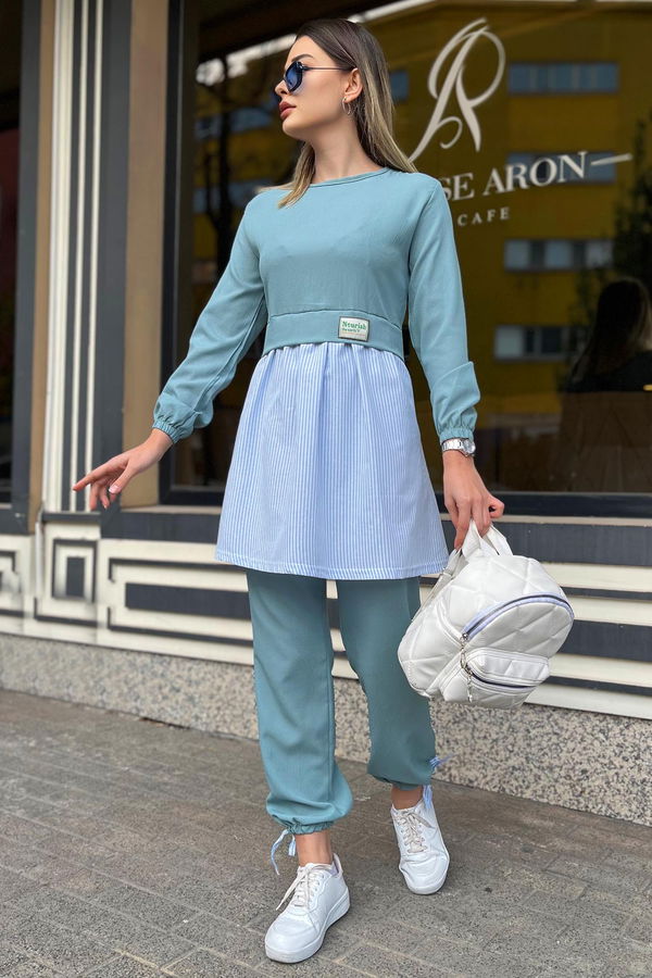 Düz Bisiklet Yaka Kadın Yeşil Tunik Pantolon - 10507 YEŞİL