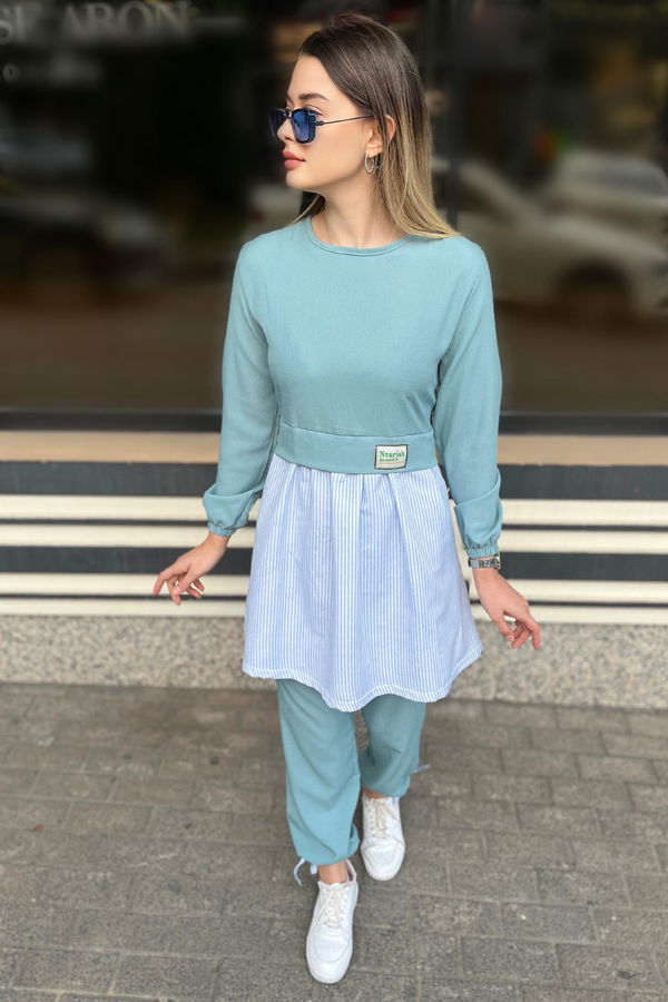 Düz Bisiklet Yaka Kadın Yeşil Tunik Pantolon - 10507 YEŞİL