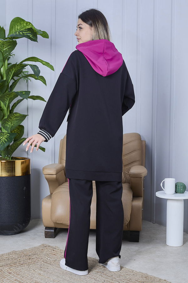 Düz KAPŞONLU YAKA Kadın Fuşya Tunik Pantolon - 10565