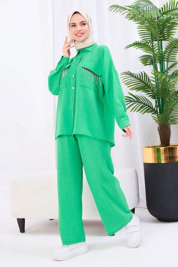Düz Gömlek Yaka Kadın Yeşil Tunik+Pantolon - 22054