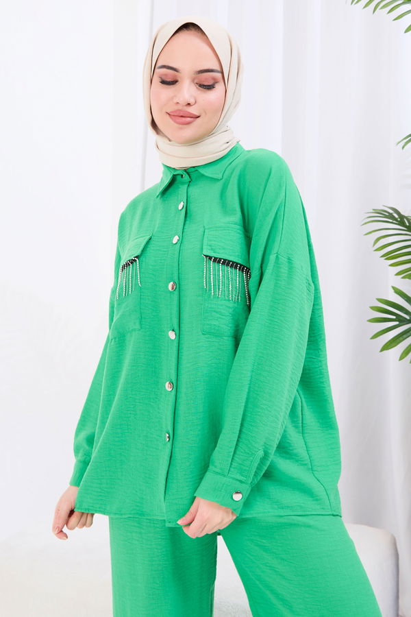 Düz Gömlek Yaka Kadın Yeşil Tunik+Pantolon - 22054