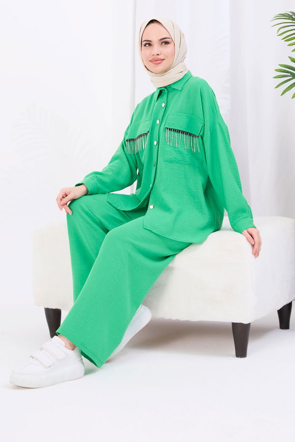 Düz Gömlek Yaka Kadın Yeşil Tunik+Pantolon - 22054
