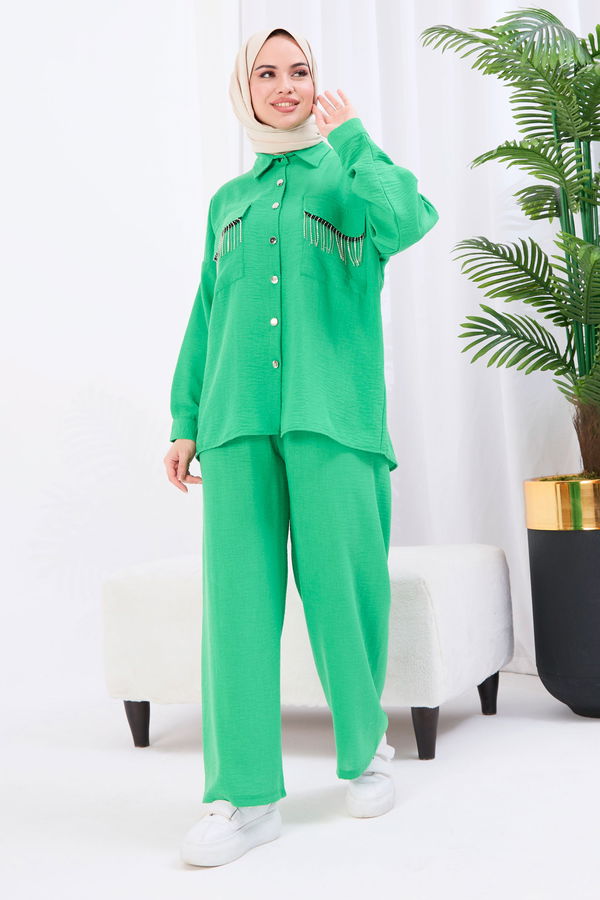 Düz Gömlek Yaka Kadın Yeşil Tunik+Pantolon - 22054