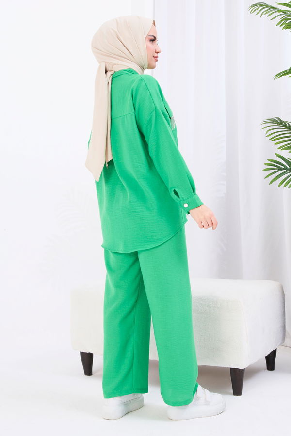 Düz Gömlek Yaka Kadın Yeşil Tunik+Pantolon - 22054