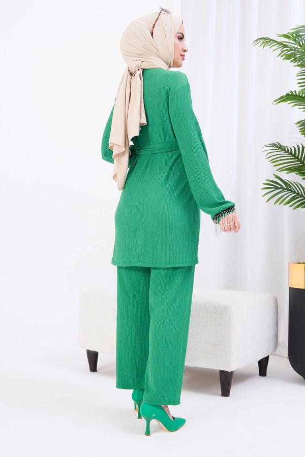 Düz Bisiklet Yaka Kadın Yeşil Tunik+Pabtolon - 22080 YEŞİL
