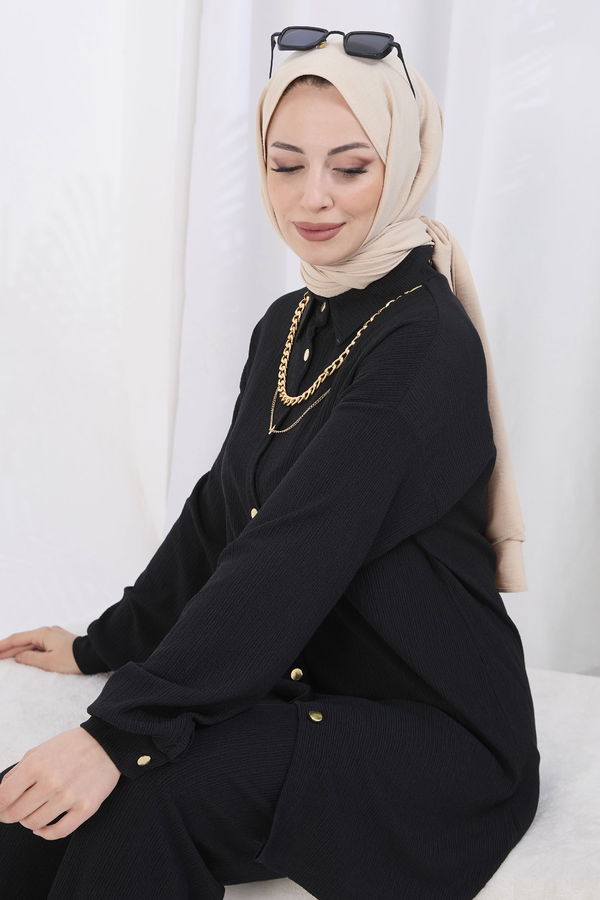 Düz Gömlek Yaka Kadın Siyah Tunik+Pantolon - 22082 SİYAH