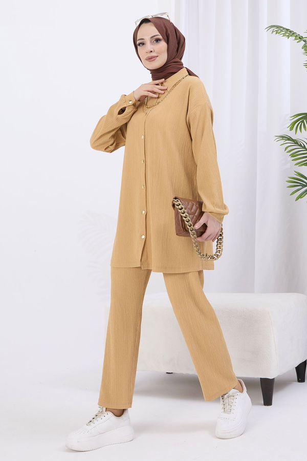 Düz Gömlek Yaka Kadın Vizon Tunik+Pantolon - 22082