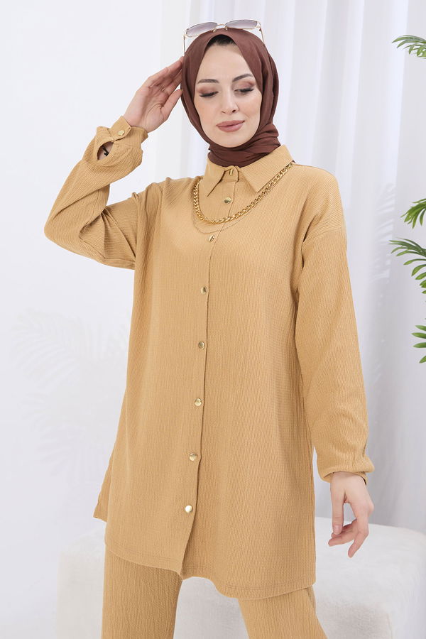 Düz Gömlek Yaka Kadın Vizon Tunik+Pantolon - 22082