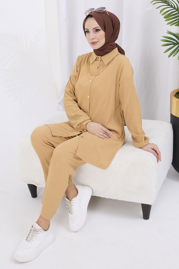 Düz Gömlek Yaka Kadın Vizon Tunik+Pantolon - 22082