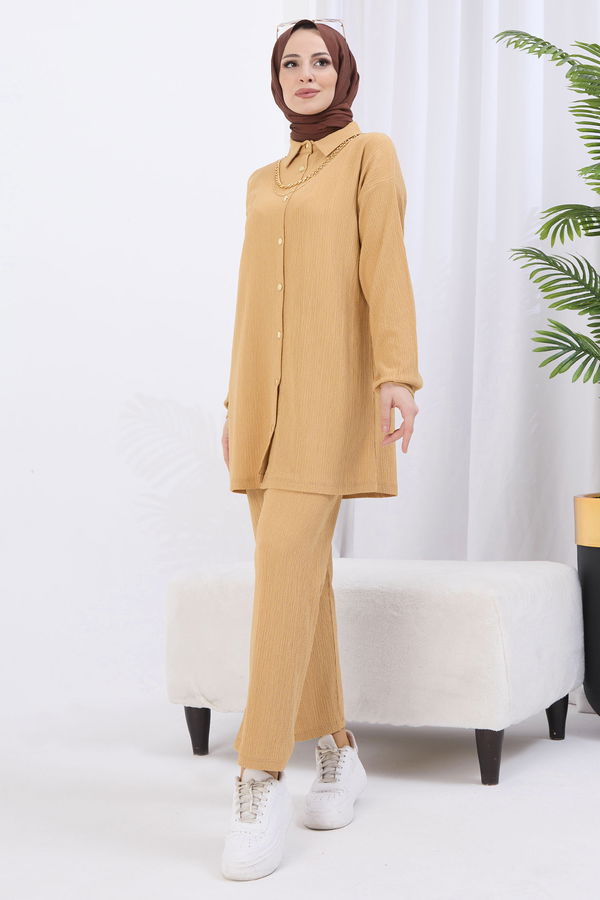 Düz Gömlek Yaka Kadın Vizon Tunik+Pantolon - 22082
