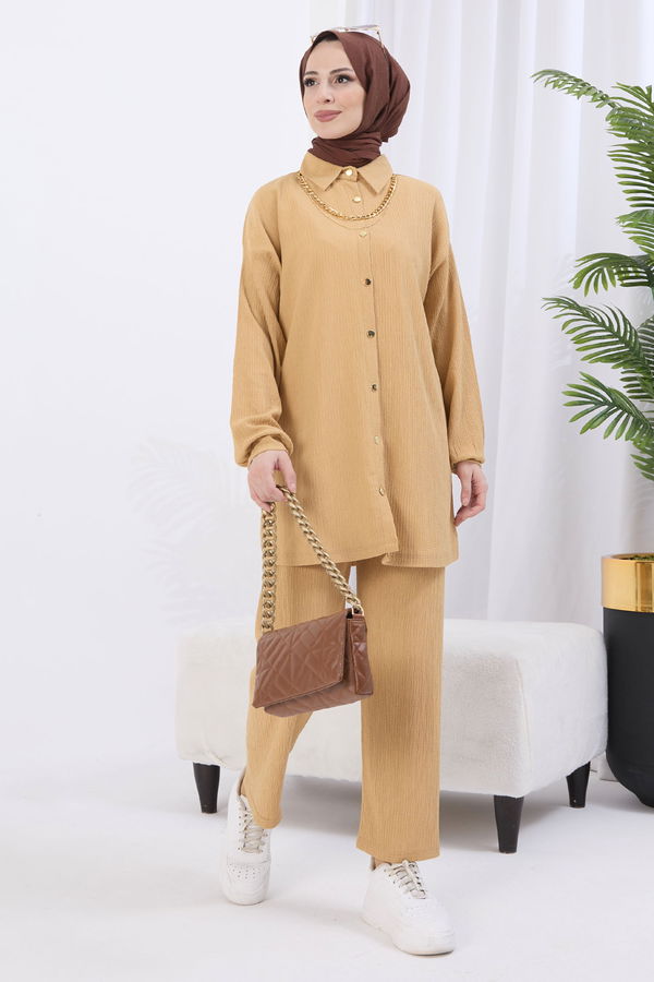 Düz Gömlek Yaka Kadın Vizon Tunik+Pantolon - 22082