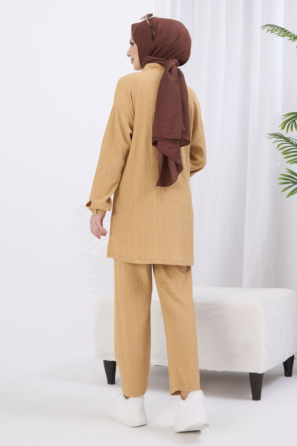 Düz Gömlek Yaka Kadın Vizon Tunik+Pantolon - 22082