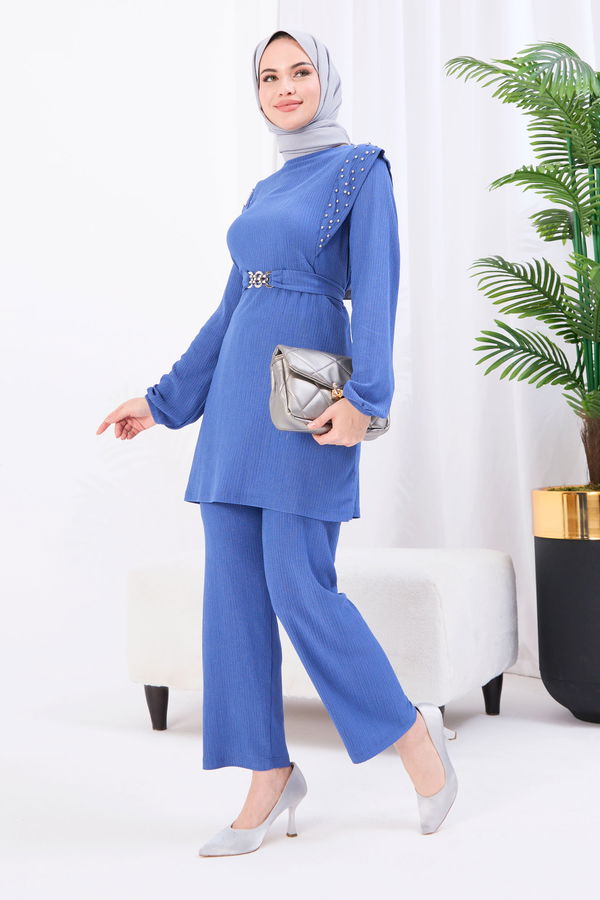 Düz Bisiklet Yaka Kadın Mavi Tunik+Pantolon - 22084 MAVİ