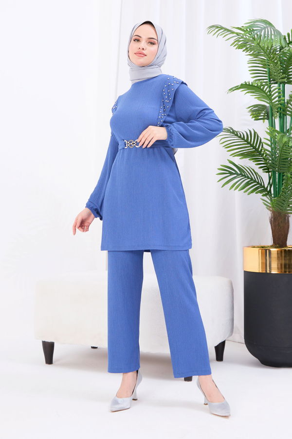 Düz Bisiklet Yaka Kadın Mavi Tunik+Pantolon - 22084 MAVİ