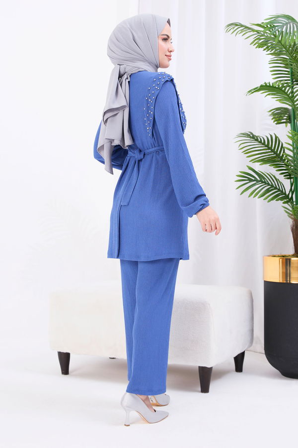 Düz Bisiklet Yaka Kadın Mavi Tunik+Pantolon - 22084 MAVİ