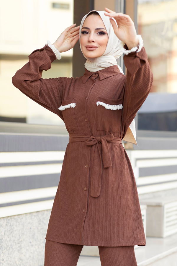 Düz Gömlek Yaka Kadın Kahverengi Tunik+Pantolon - 22100