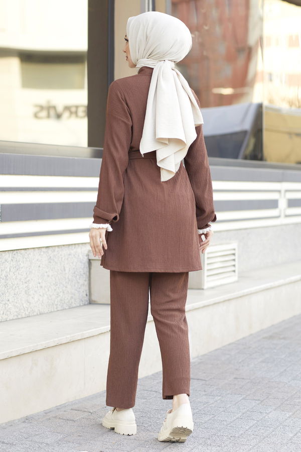 Düz Gömlek Yaka Kadın Kahverengi Tunik+Pantolon - 22100